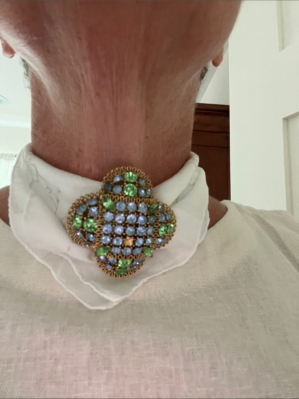 Vintage-Inspired Green and Light Blue Crystal Brooch Necklace